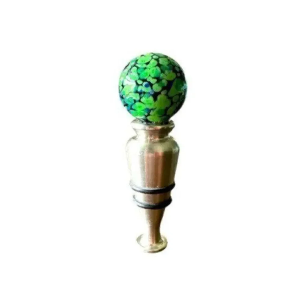 NIB - Silver Wine Bottle Stopper with Green ceramic ball